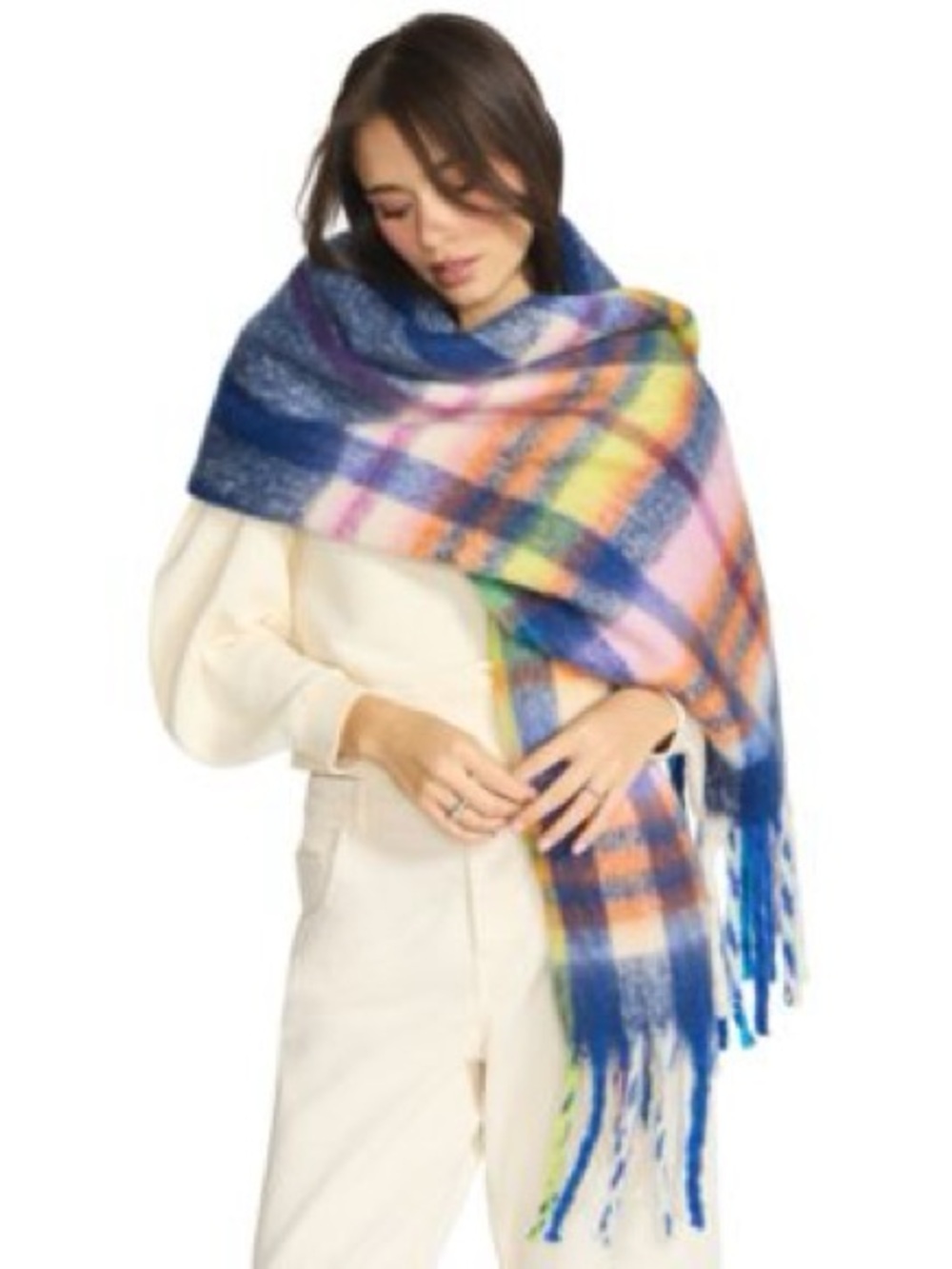Steve Madden Plaid Fringe Wrap Scarf in Blue, Pink, Yellow, Green
